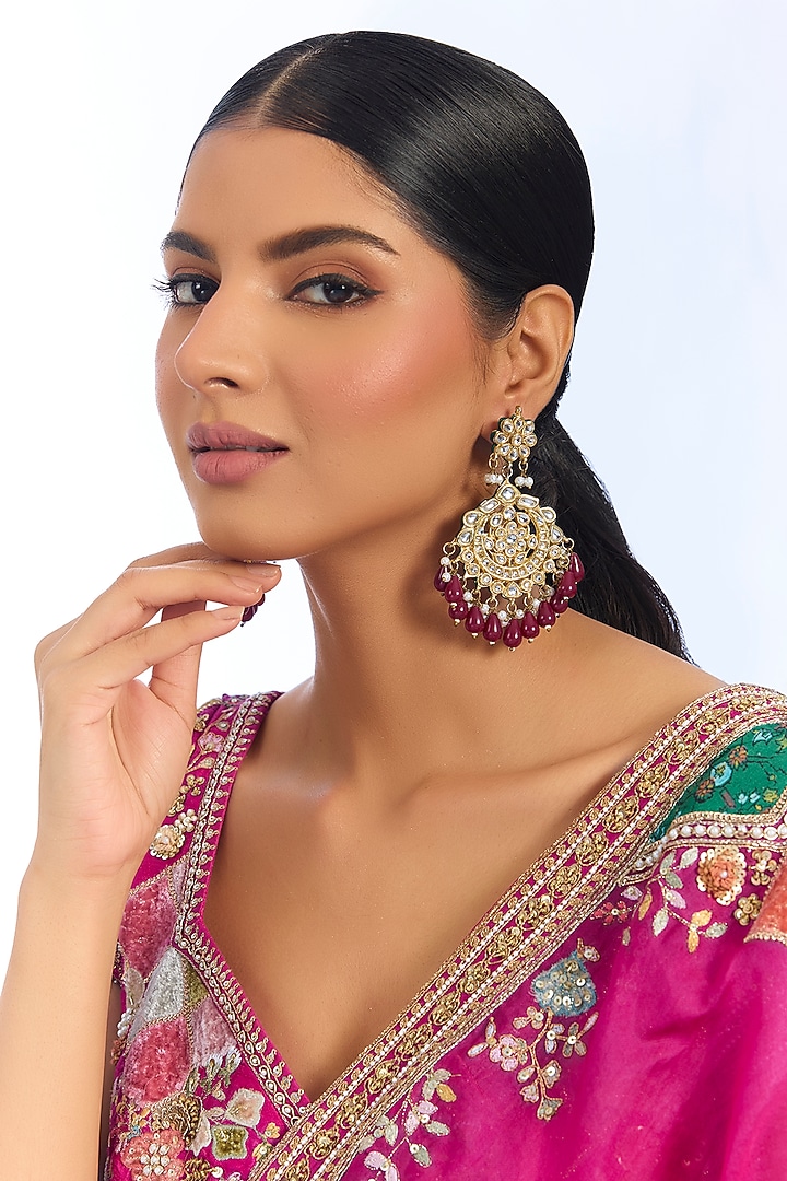 Gold Finish Kundan Polki & Maroon Tassel Chandbali Earrings by Aura Trends at Pernia's Pop Up Shop
