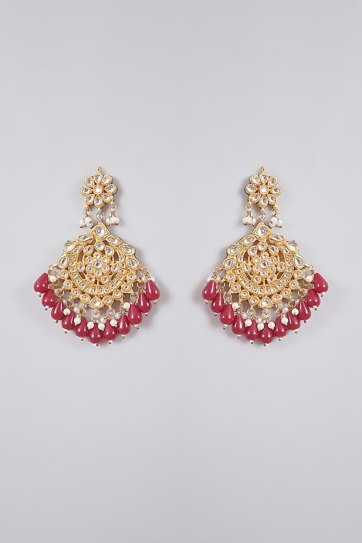 Gold Finish Kundan Polki & Maroon Tassel Chandbali Earrings by Aura Trends at Pernia's Pop Up Shop