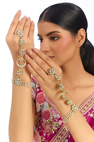 Gold Finish Kundan Polki Floral Hand Harness (Set Of 2) by Aura Trends