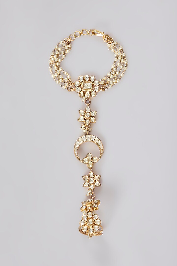 Gold Finish Kundan Polki Floral Hand Harness (Set Of 2) by Aura Trends at Pernia's Pop Up Shop