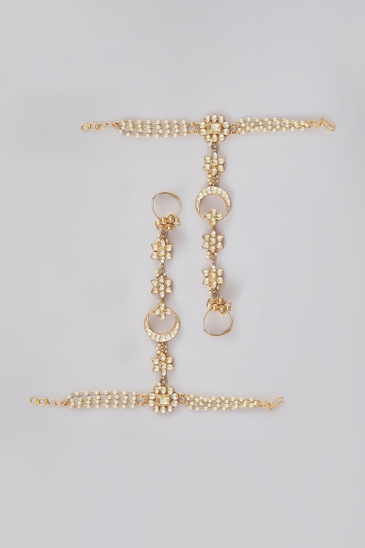 Gold Finish Kundan Polki Floral Hand Harness (Set Of 2) by Aura Trends at Pernia's Pop Up Shop