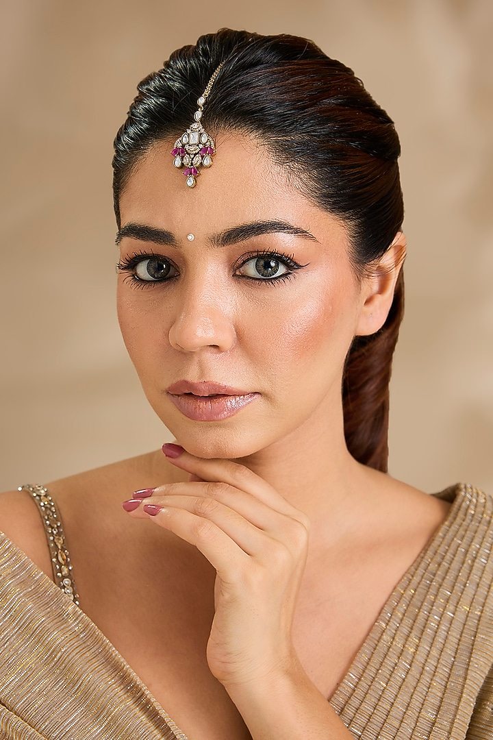 Gold Finish Zircon & Pink Stone Floral Maangtikka by Aura Trends at Pernia's Pop Up Shop