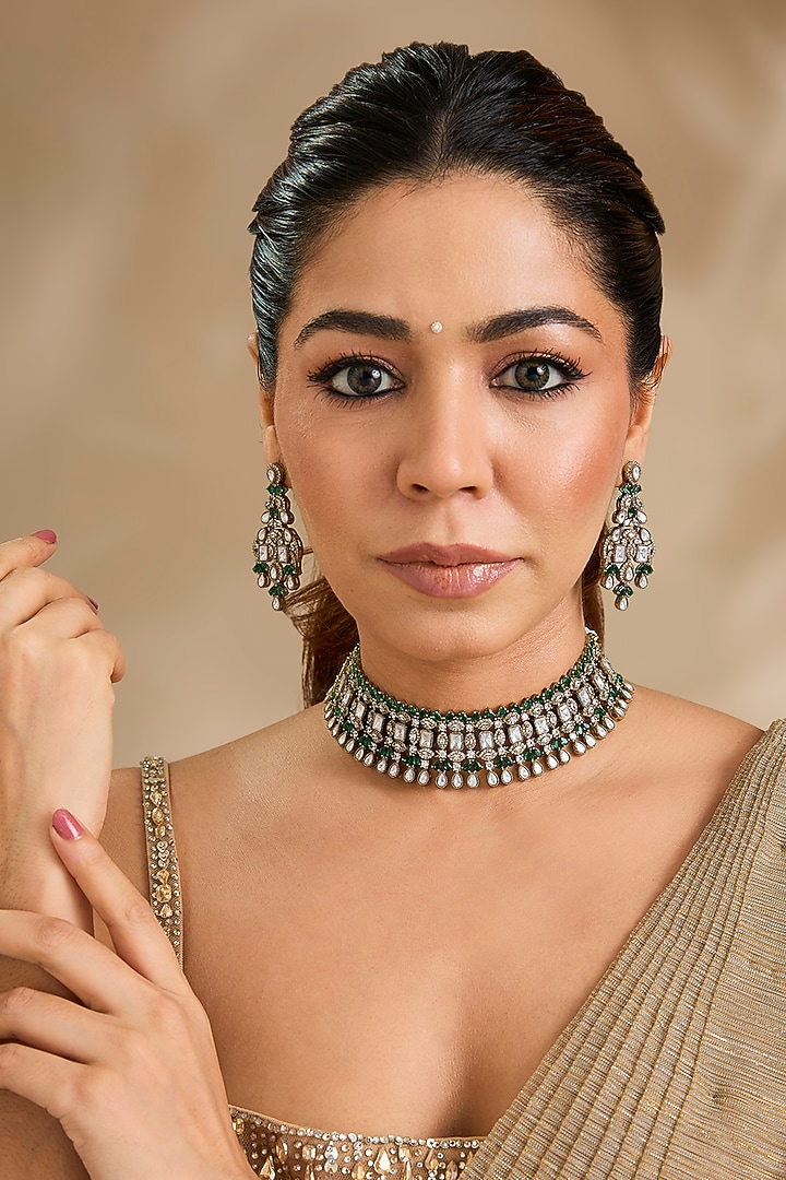 Gold Finish Kundan Polki & Emerald Green Stone Choker Necklace Set by Aura Trends at Pernia's Pop Up Shop