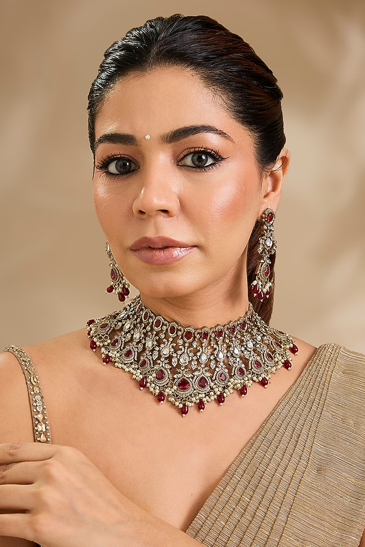Victorian Finish Kundan Polki & Ruby Stone Choker Necklace Set by Aura Trends at Pernia's Pop Up Shop