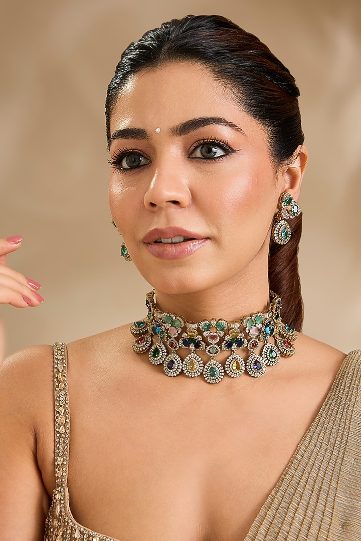 Antique Gold Finish Multi-Colored Stone Choker Necklace Set by Aura Trends at Pernia's Pop Up Shop