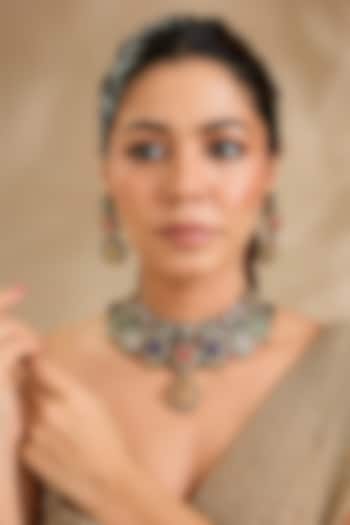 Antique Gold Finish Navratna Stone & Gold Drop Choker Necklace Set by Aura Trends at Pernia's Pop Up Shop
