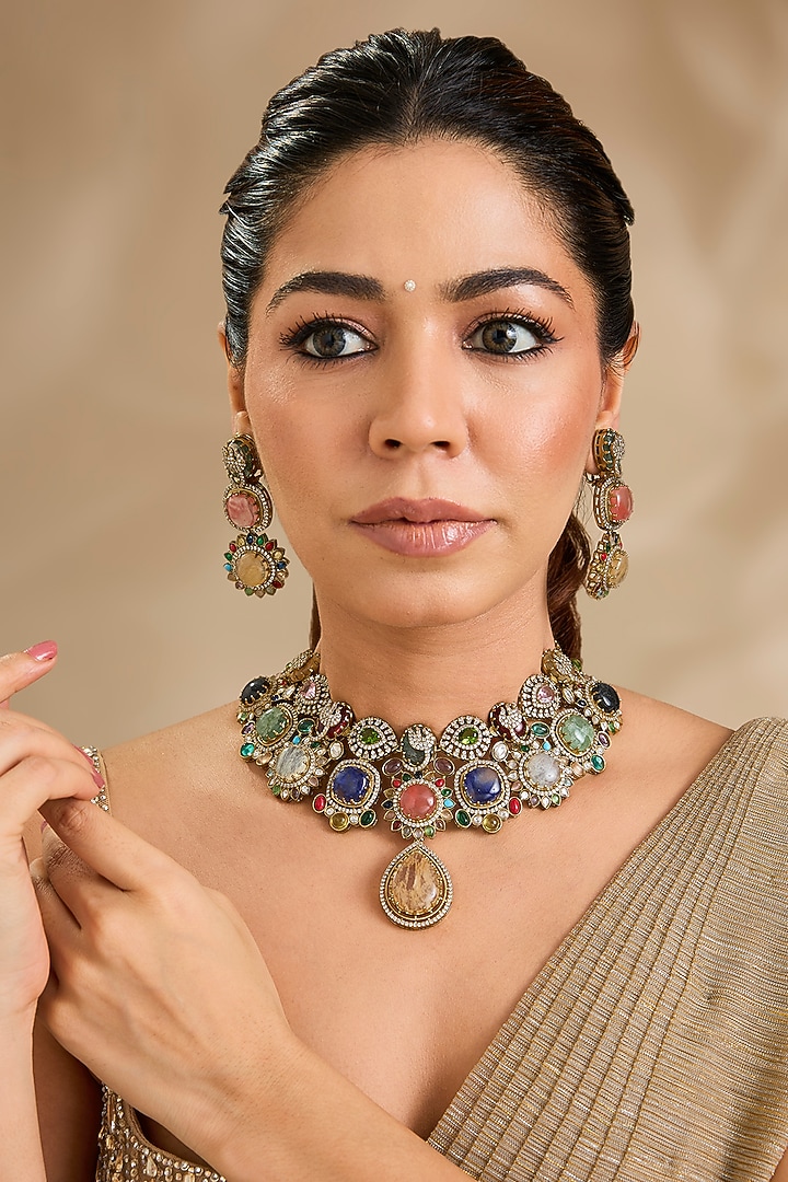 Antique Gold Finish Navratna Stone & Gold Drop Choker Necklace Set by Aura Trends at Pernia's Pop Up Shop
