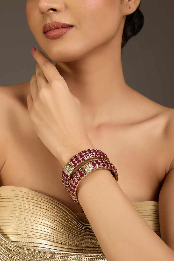 Victorian Finish Ruby Pink Kundan Polki Bangles (Set Of 2) by Aura Trends at Pernia's Pop Up Shop