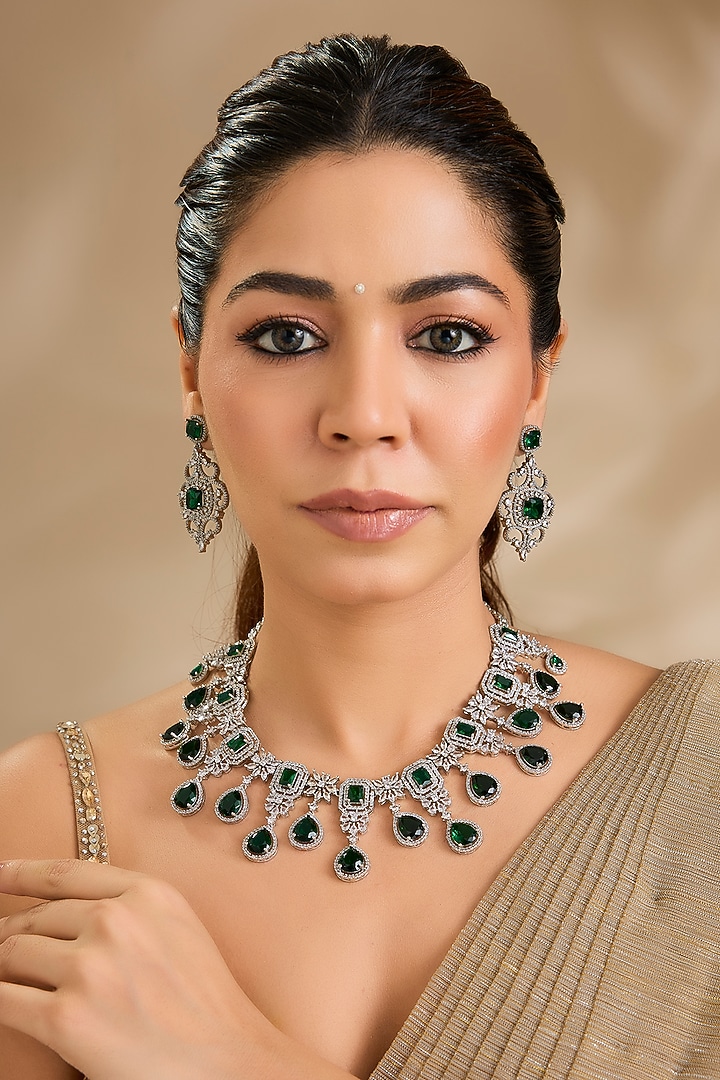 White Finish Zircon & Emerald Green Stone Necklace Set by Aura Trends at Pernia's Pop Up Shop