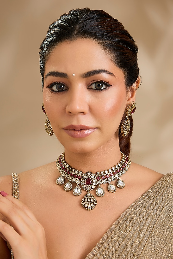 Antique Gold Finish Kundan Polki & Ruby Stone Choker Necklace Set by Aura Trends at Pernia's Pop Up Shop