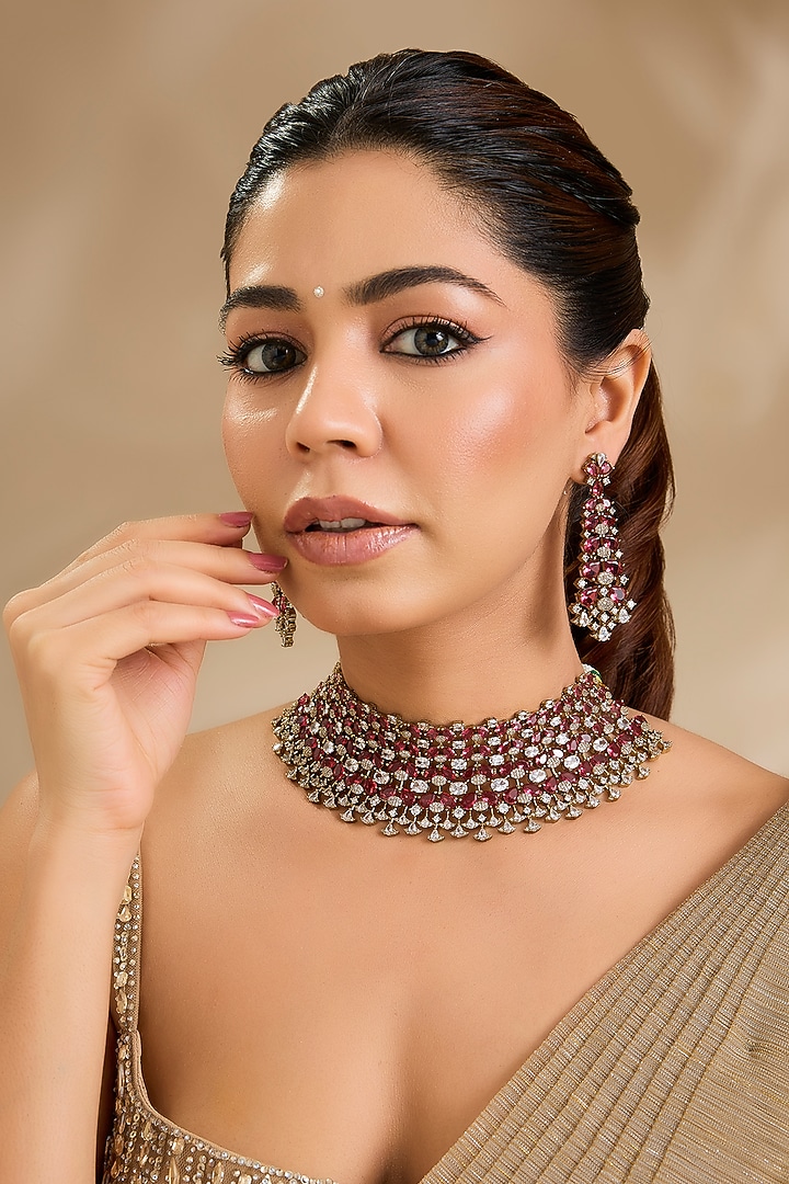 Antique Gold Finish Ruby Kundan Polki Choker Necklace Set by Aura Trends at Pernia's Pop Up Shop
