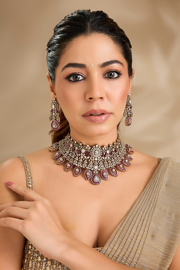 Antique Gold Finish Ruby Stone & Kundan Polki Choker Necklace Set by Aura Trends at Pernia's Pop Up Shop