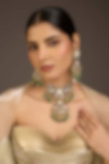 Gold Finish Kundan Polki & Green Beaded Choker Necklace Set by Aura Trends at Pernia's Pop Up Shop