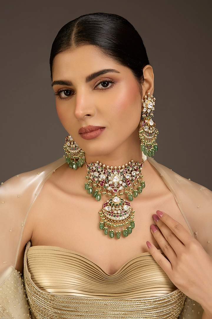 Gold Finish Kundan Polki & Green Beaded Choker Necklace Set by Aura Trends at Pernia's Pop Up Shop