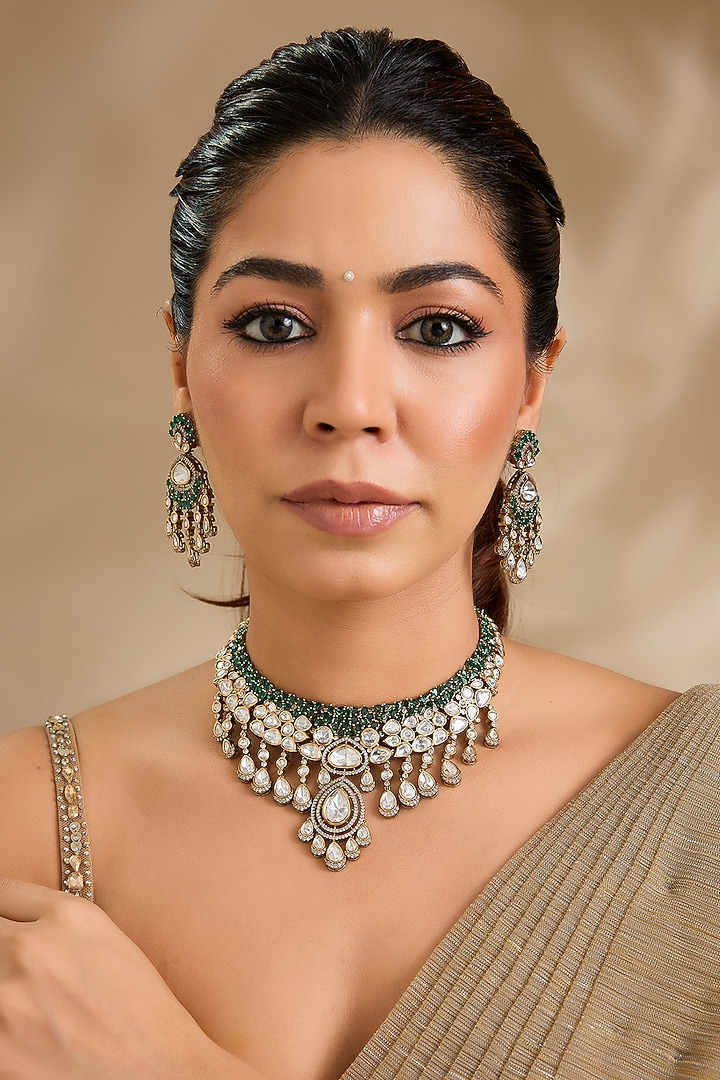 Gold Finish Emerald Green Beaded & Kundan Polki Choker Necklace Set by Aura Trends at Pernia's Pop Up Shop