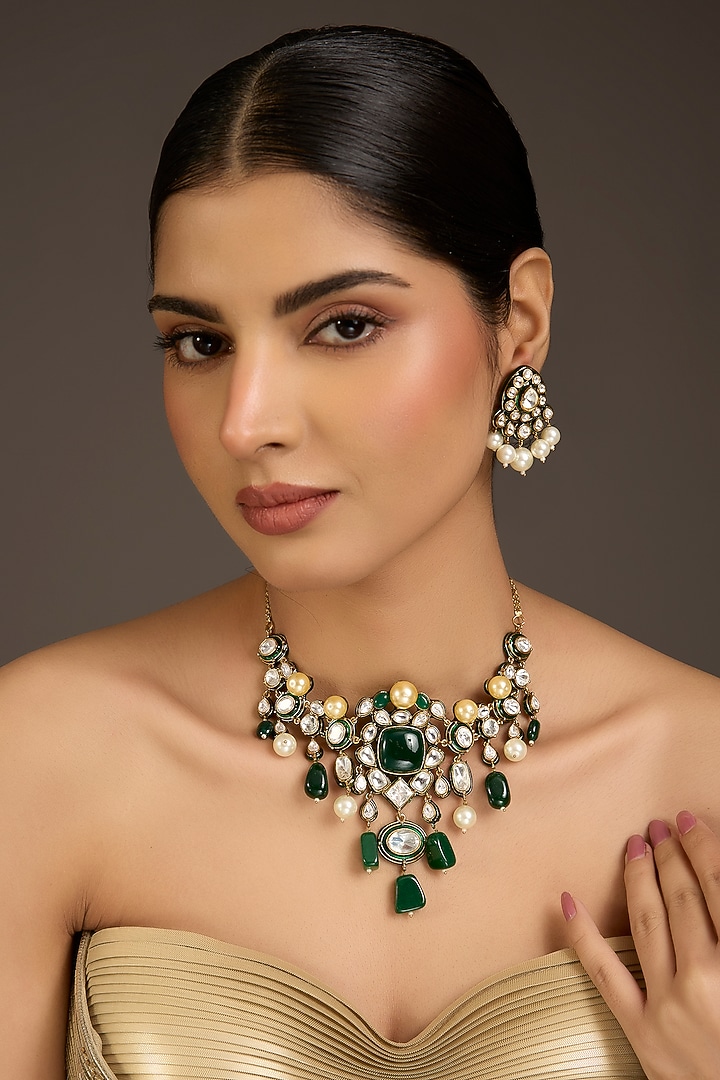 Victorian Finish Kundan Polki & Green Stone Choker Necklace Set by Aura Trends at Pernia's Pop Up Shop