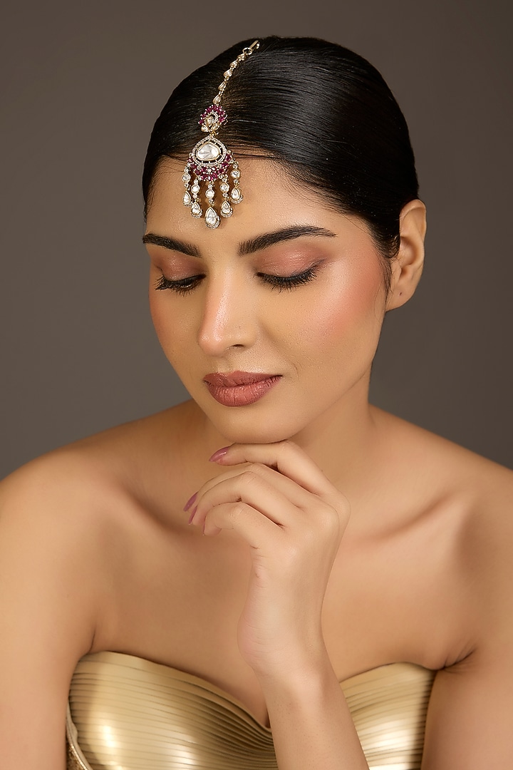 Gold Finish Kundan Polki & Ruby Pink Stone Maangtikka by Aura Trends at Pernia's Pop Up Shop