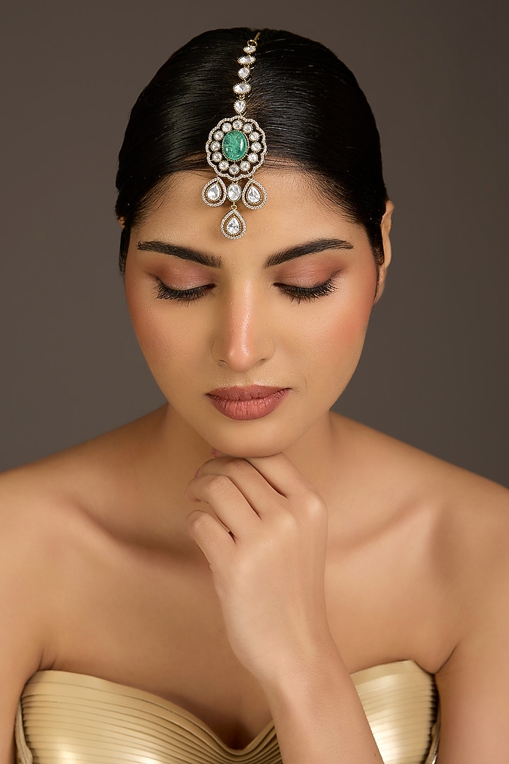 Victorian Finish Kundan Polki & Mint Green Stone Maangtikka by Aura Trends at Pernia's Pop Up Shop