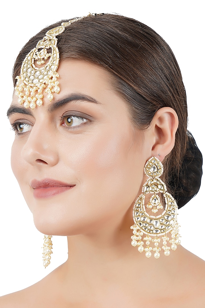 Gold Plated Chandbali Earrings With Maang Tikka by Auraa Trends