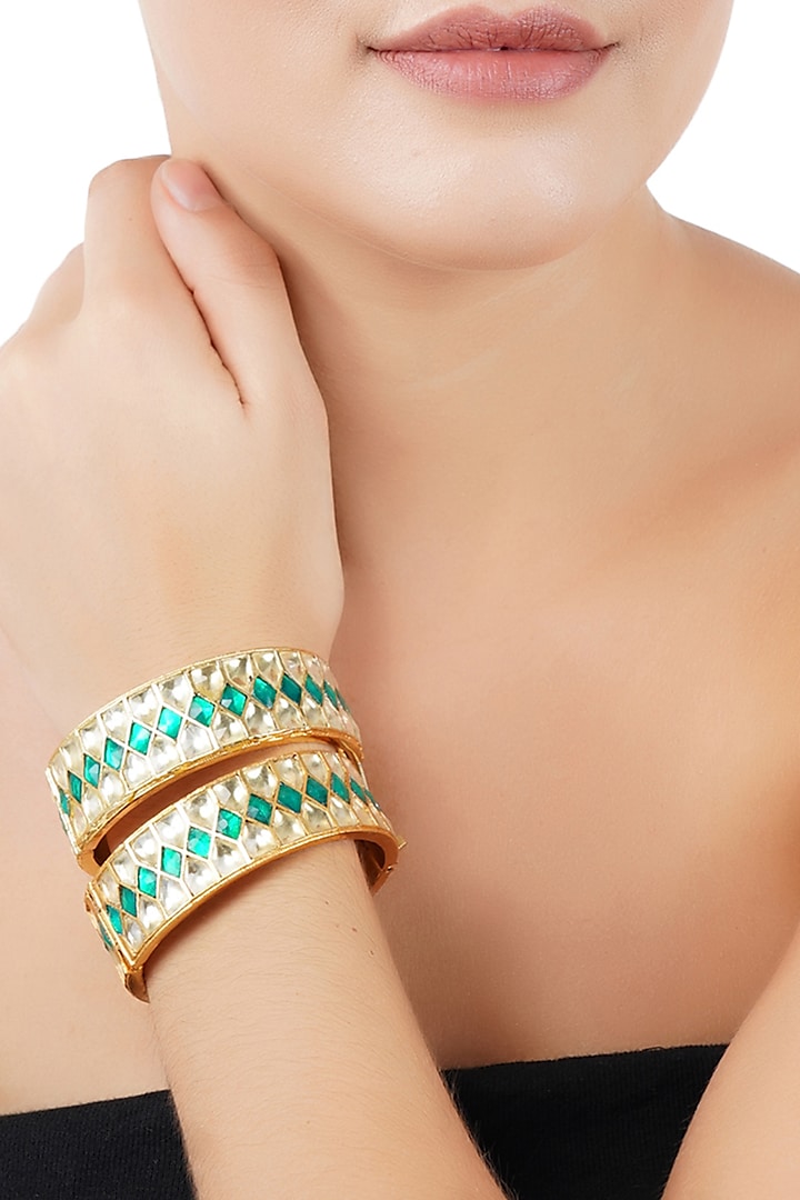 Gold Plated Green Onyx Bangles by Auraa Trends