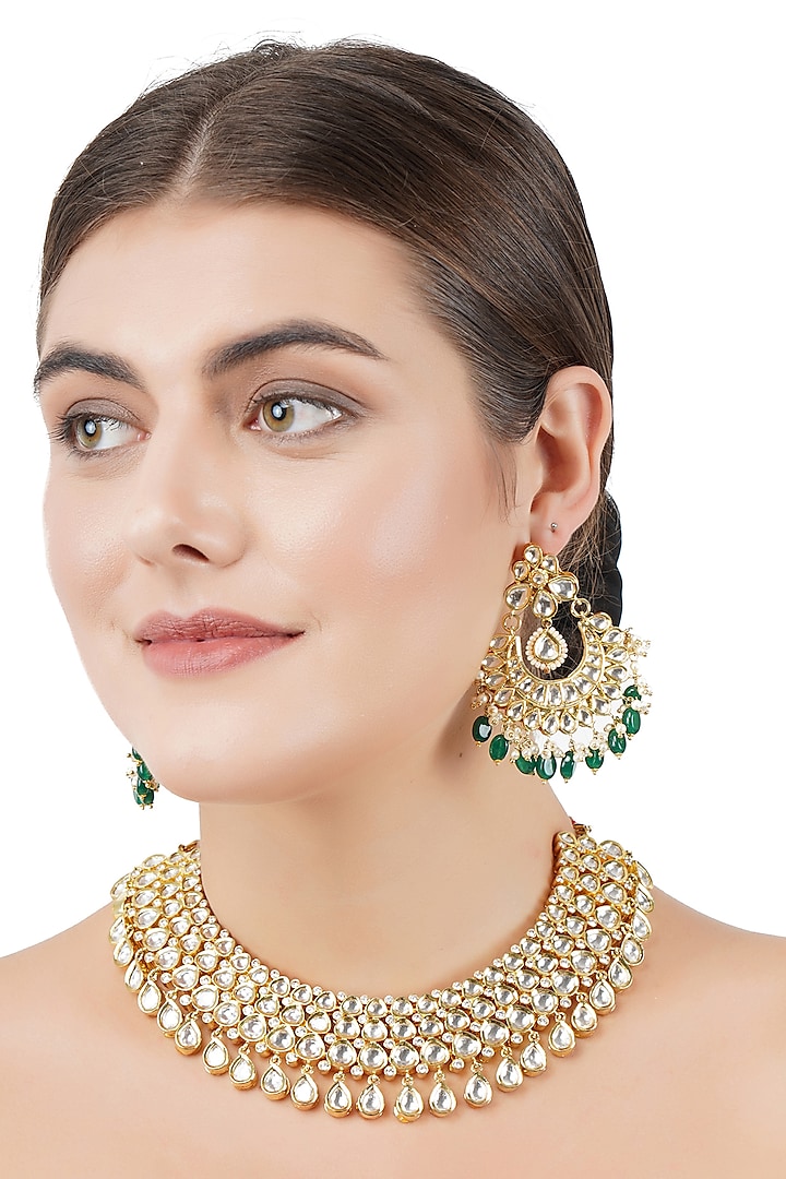 Gold Plated Green Onex & Kundan Necklace Set by Auraa Trends