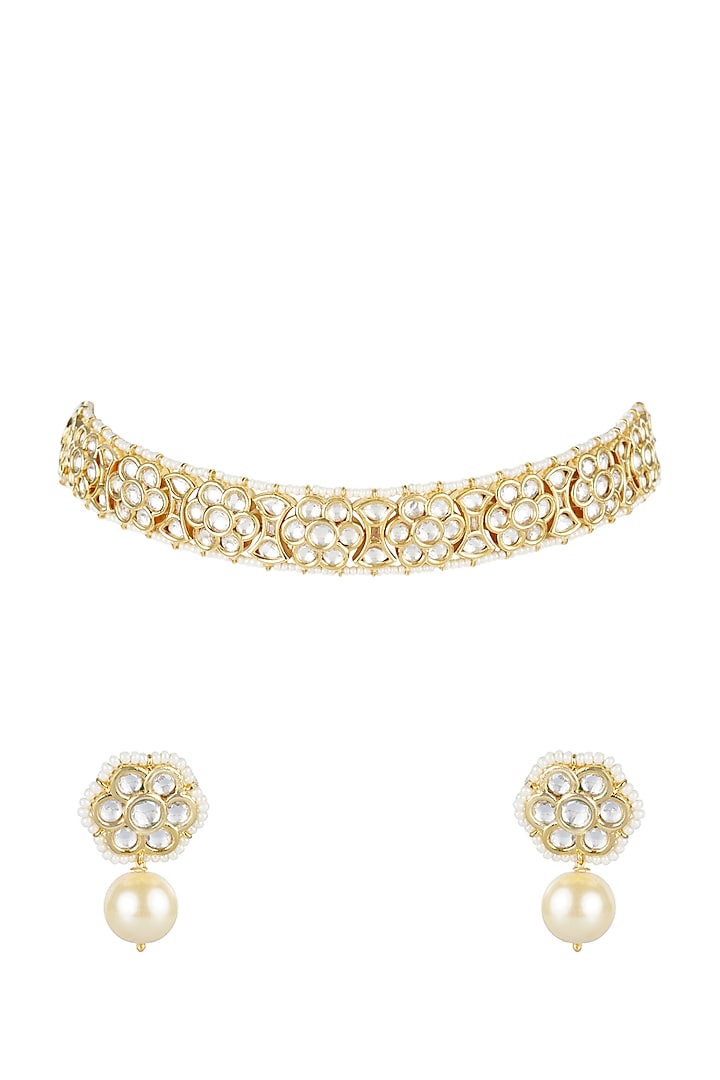 Gold Plated Onex & Pearls Necklace Set by Auraa Trends