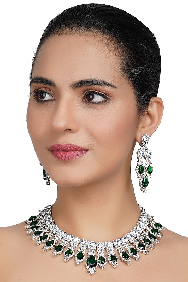 White Finish Necklace Set With Green Diamante by Auraa Trends
