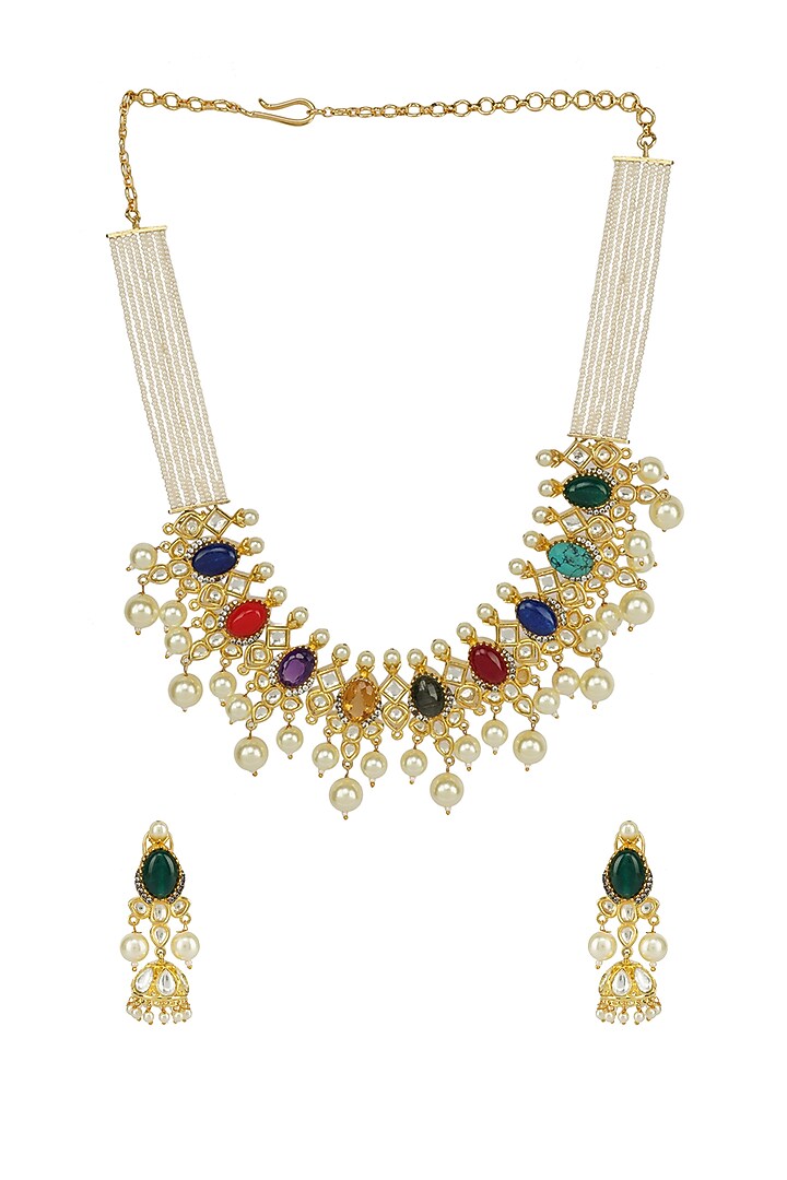 Gold Plated Necklace Set With Multi-Colored Stones by Aura Trends at Pernia's Pop Up Shop