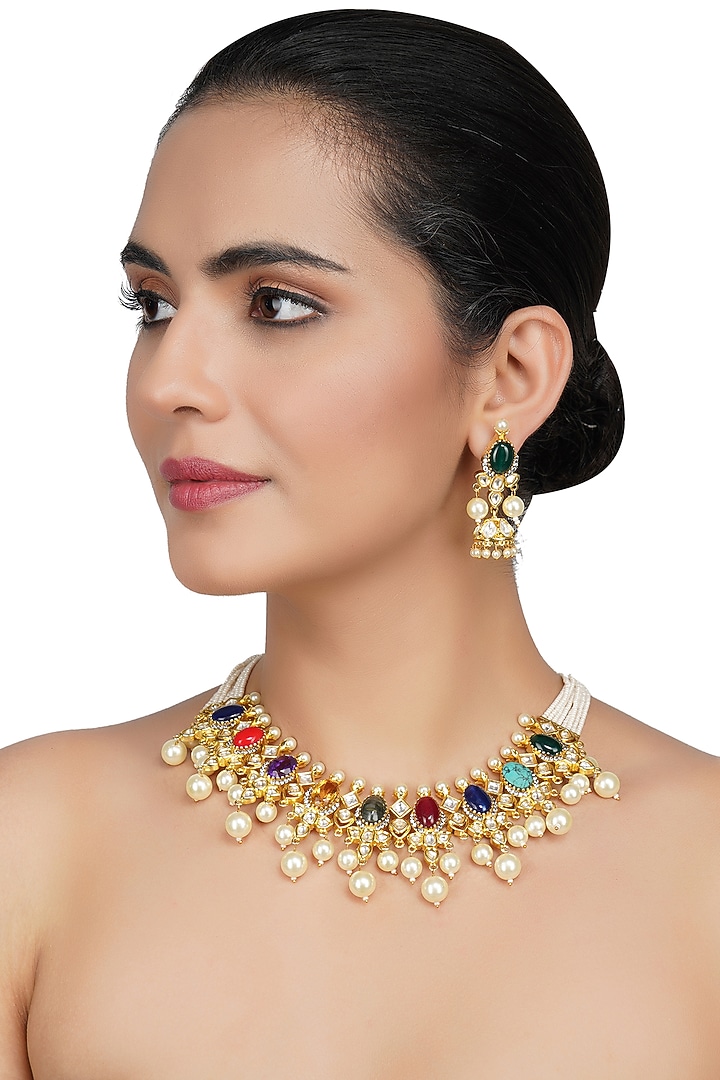 Gold Plated Necklace Set With Multi-Colored Stones by Auraa Trends at Pernia's Pop Up Shop