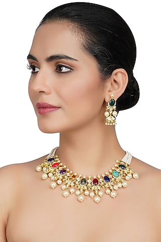 Gold Plated Necklace Set With Multi-Colored Stones by Aura Trends
