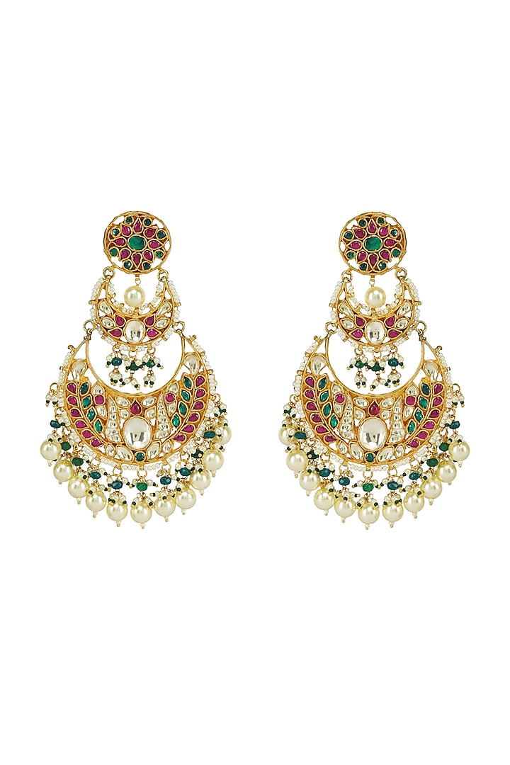 Gold Plated Chandbali Earrings With Kundan Polki by Auraa Trends