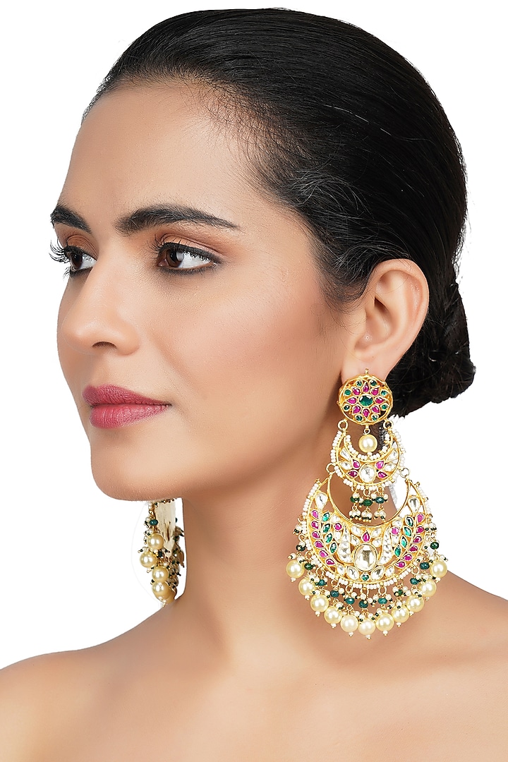 Gold Plated Chandbali Earrings With Kundan Polki by Auraa Trends