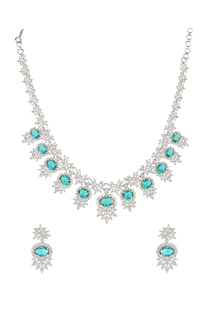 White Finish Necklace Set With Aqua Diamante by Aura Trends at Pernia's Pop Up Shop