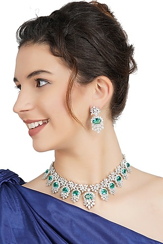 White Finish Necklace Set With Aqua Diamante by Aura Trends