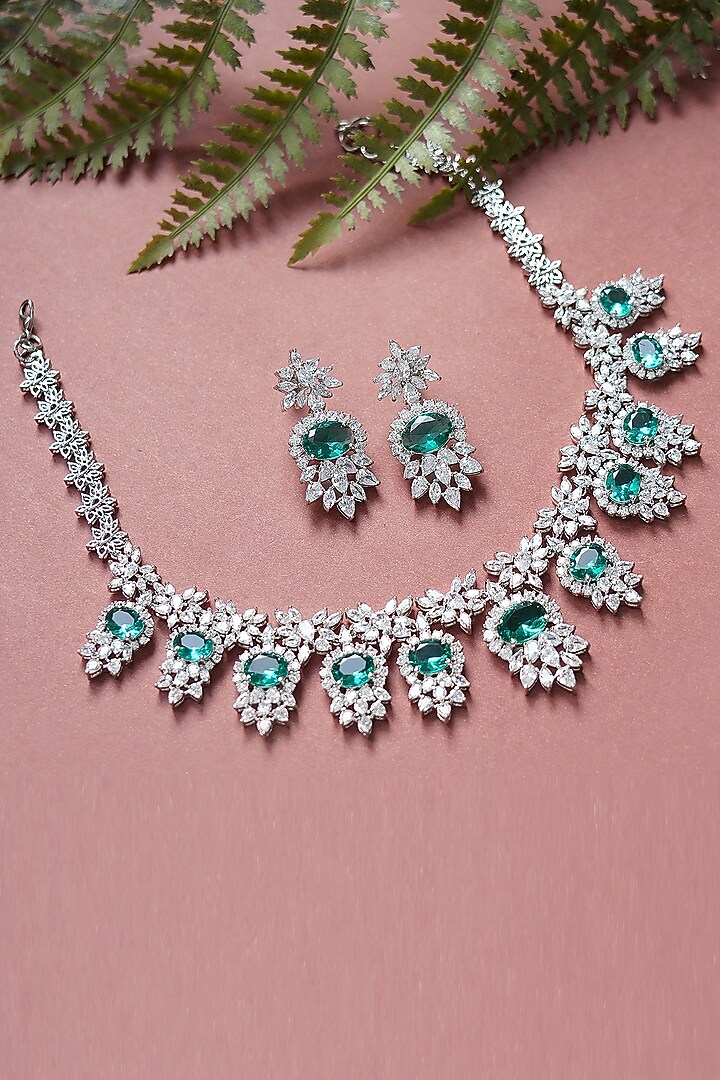 White Finish Necklace Set With Aqua Diamante by Aura Trends at Pernia's Pop Up Shop