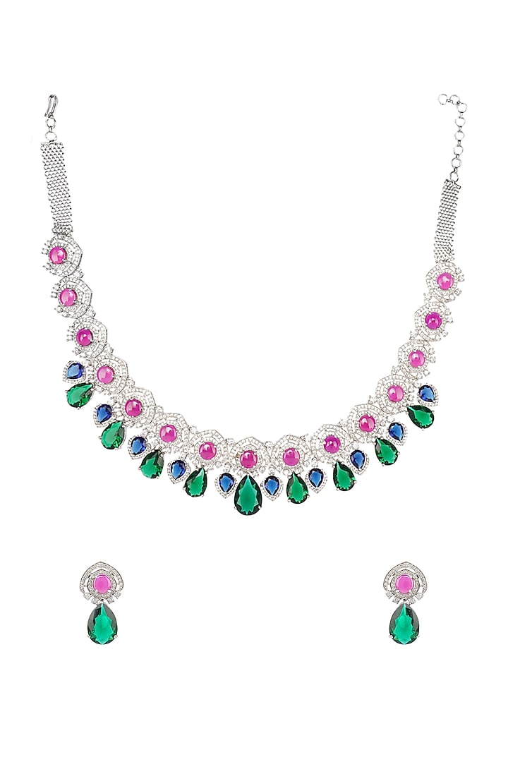 White Rhodium Finish Necklace Set With Green Diamante by Aura Trends at Pernia's Pop Up Shop
