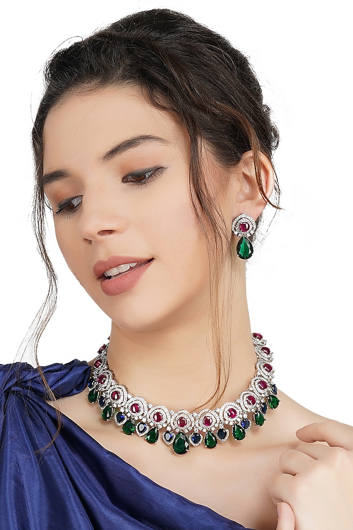 White Rhodium Finish Necklace Set With Green Diamante by Auraa Trends