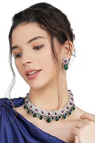 White Rhodium Finish Necklace Set With Green Diamante by Aura Trends