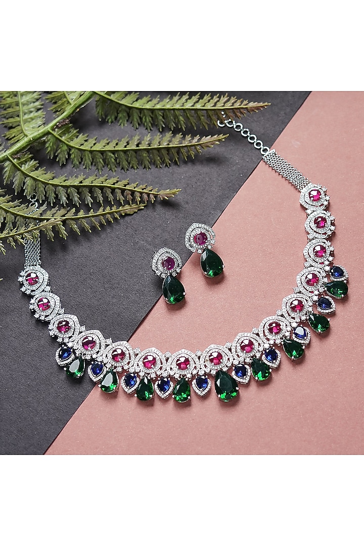 White Rhodium Finish Necklace Set With Green Diamante by Aura Trends at Pernia's Pop Up Shop