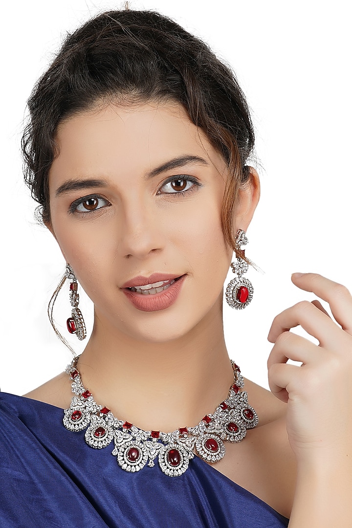 White Rhodium Finish Necklace Set With Red Diamonds by Auraa Trends