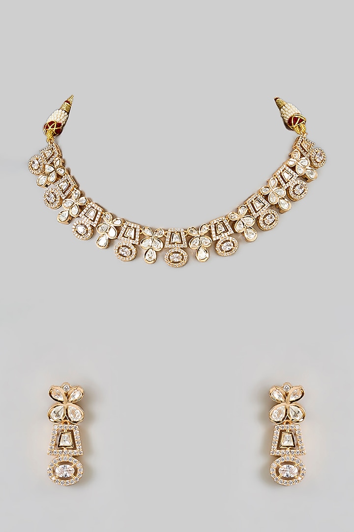 Gold Finish Kundan Polki Handcrafted Necklace Set by Aura Trends at Pernia's Pop Up Shop