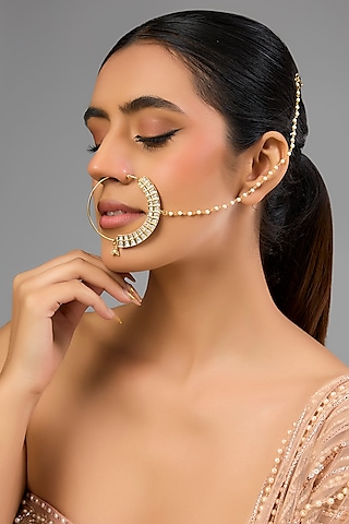 Gold Finish Pearl Chain Nath by Aura Trends