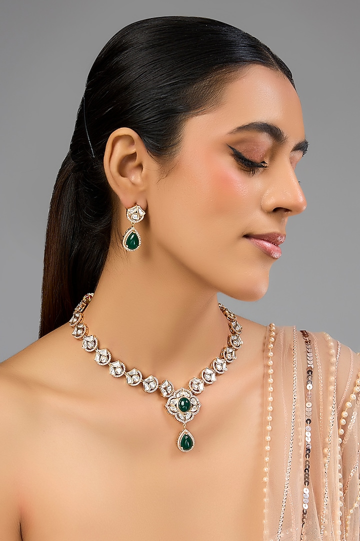 Gold Finish Kundan Polki & Green Stone Enameled Necklace Set by Auraa Trends