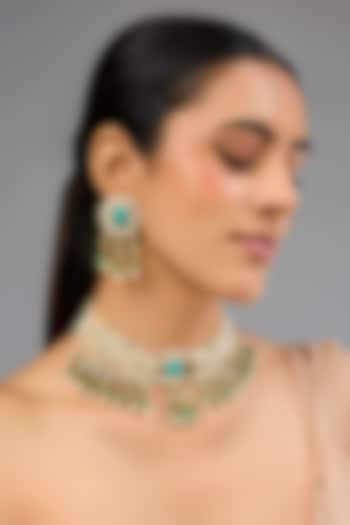 Gold Finish Kundan Polki & Turquoise Stone Choker Necklace Set by Auraa Trends