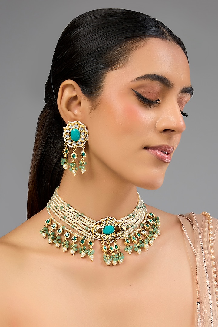 Gold Finish Kundan Polki & Turquoise Stone Choker Necklace Set by Auraa Trends