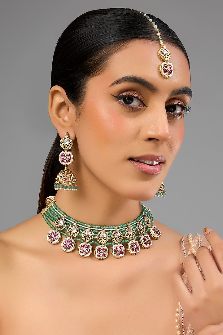 Gold Finish Kundan Polki & Multi-Colored Stone Choker Necklace Set by Auraa Trends