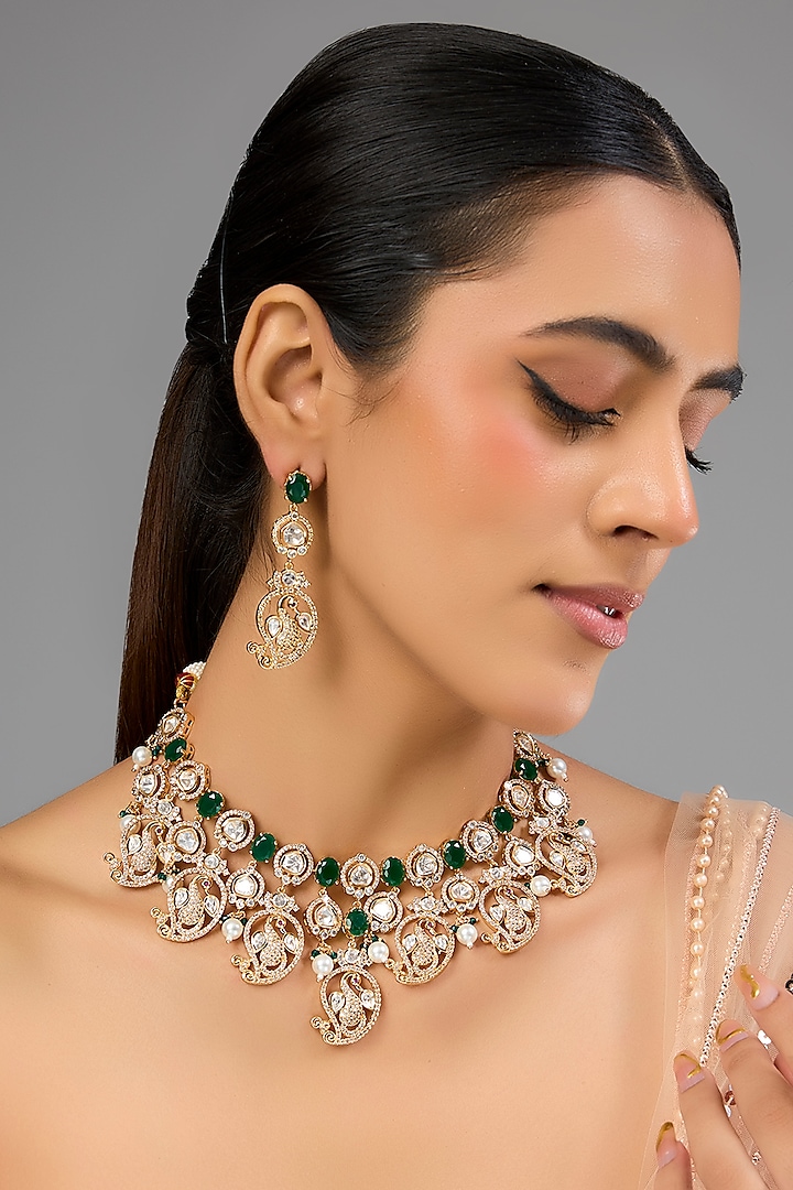 Gold Finish Kundan Polki & Multi-Colored Stone Handcrafted Necklace Set by Auraa Trends