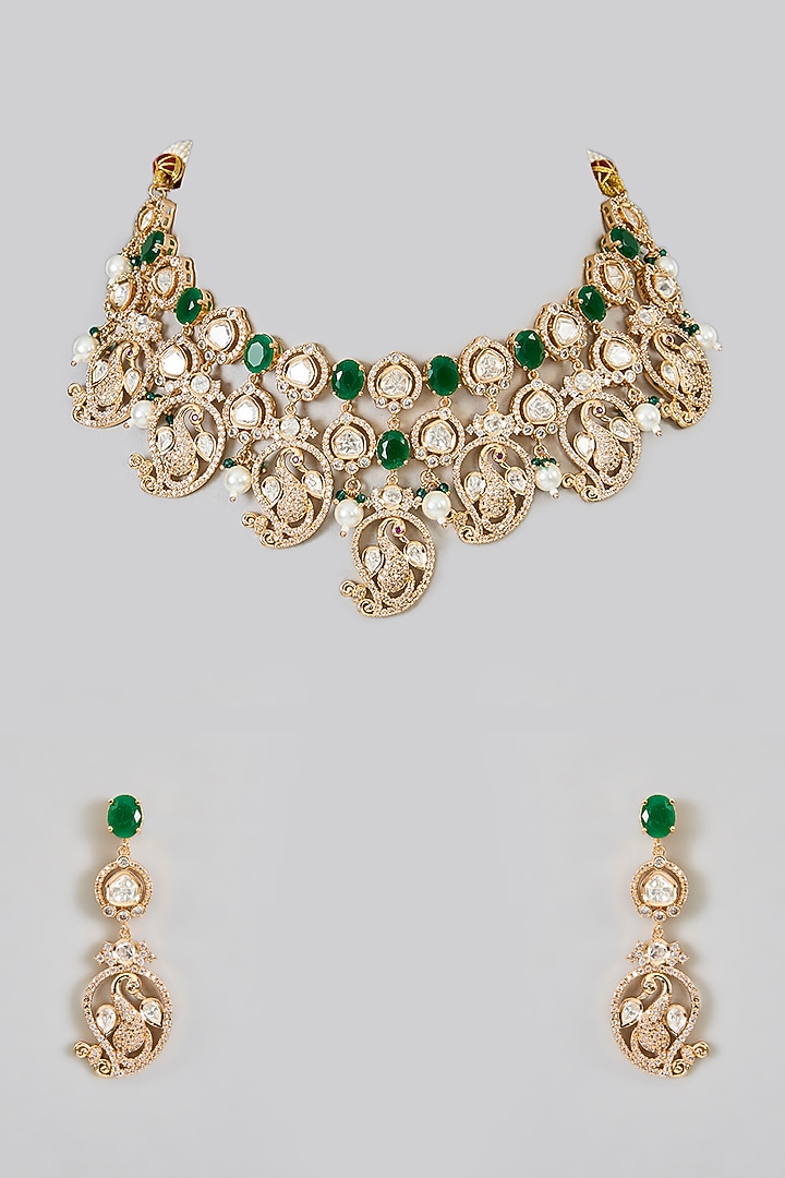 Gold Finish Kundan Polki & Multi-Colored Stone Handcrafted Necklace Set by Aura Trends at Pernia's Pop Up Shop