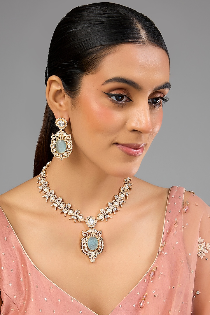 Gold Finish Kundan Polki & Sky Blue Stone Necklace Set by Auraa Trends at Pernia's Pop Up Shop