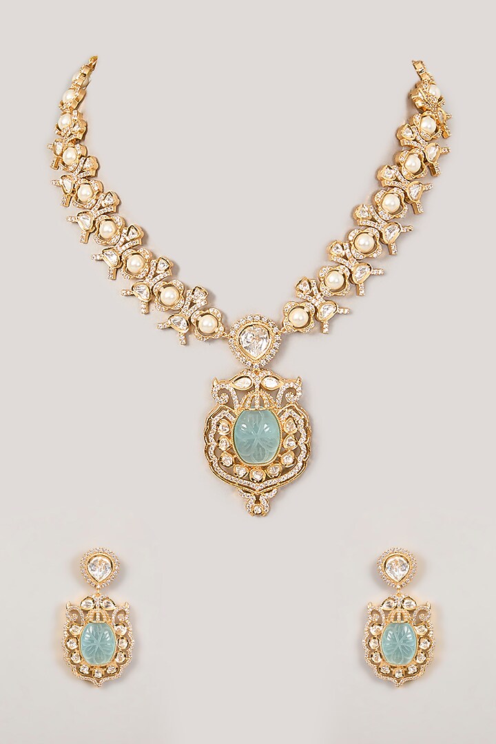 Gold Finish Kundan Polki & Sky Blue Stone Necklace Set by Aura Trends at Pernia's Pop Up Shop
